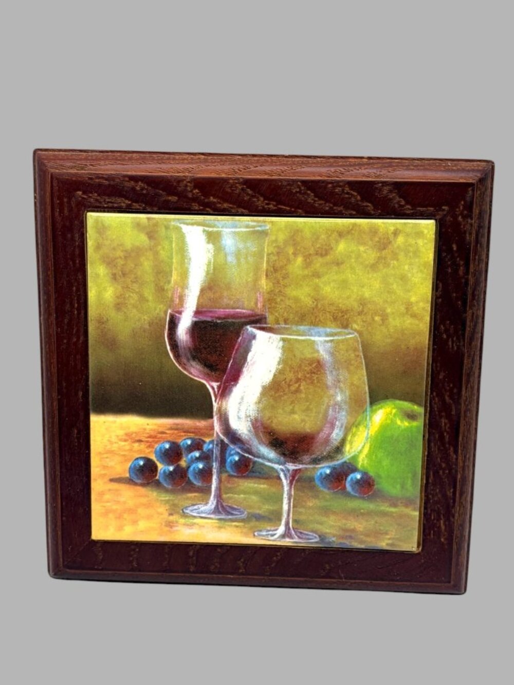 Vintage Ceramic Tile Wall Art Wine Glasses Grapes Fruit Wood Frame 8 Inch Square